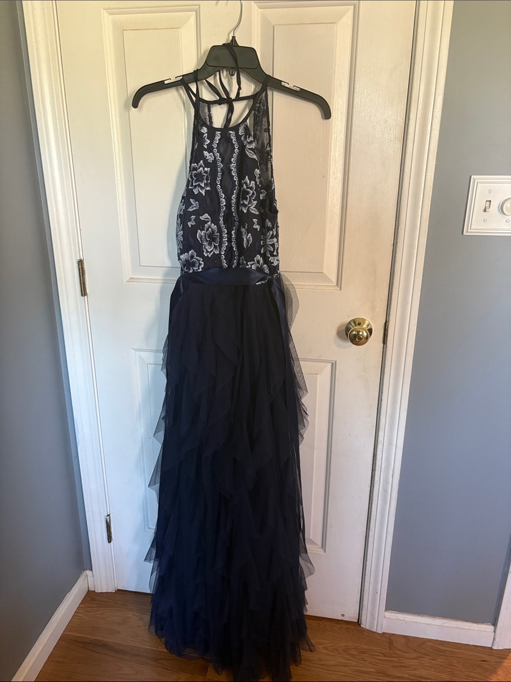 Teeze Me Navy Floral Lace Halter Prom Dress